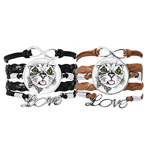 Bracelet chat blanc cuir hypoallergénique nœud Tougue sans métal irritant