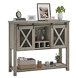 IDEALHOUSE Coffee Bar Cabinet, Console Entryway Table with Storage, Farmhouse Sideboard Buffet Cabinet with Sliding Barn Doors, Wine Liquor Cabinet with Racks for Kitchen, Hallway, Living Room, Gray