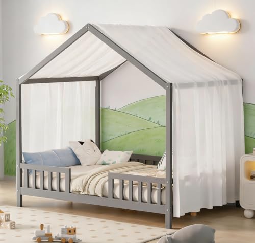 Image of Bellemave Full House BedFrame with Canopy, Montessori Floor Bed, House Bed with Rails for Kids, Gray