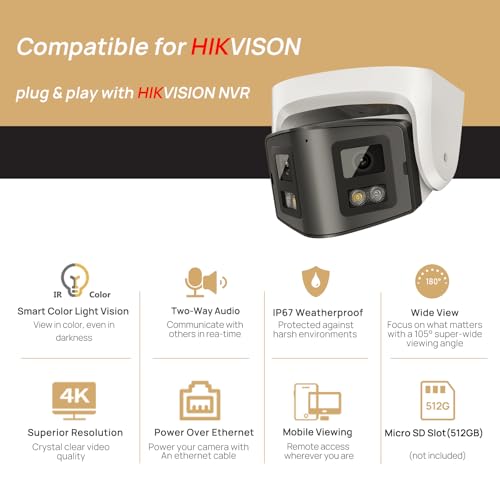 Image of PANOEAGLE 4K Dual-Lens PoE Security Camera with 180 Panoramic View,Outdoor 8MP IP Turret Camera w /Human /Vehicle Detection,98ft Full Color /IR Night Vision,2-Way Talk,SD Slot(512GB),IP67,NDAA Complaint
