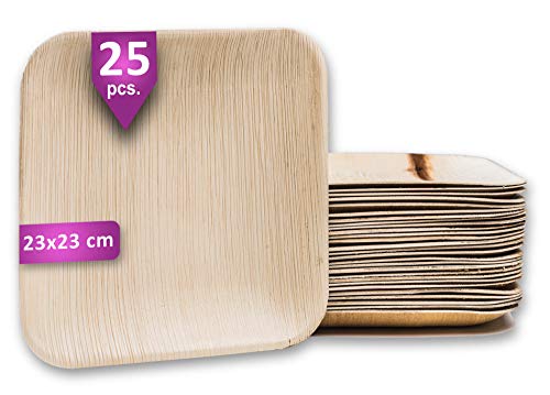 Waipur Platos Hoja de Palma Orgánicos – 25 Platos Desechables Cuadrados 23x23 cm - Vajilla Ecológica de Lujo, Estable, Natural y Biodegradable - Platos de Fiesta – Platos Reciclables