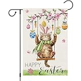 Heyfibro Happy Easter Cute Cat Garden Flag 12x18 Double Sided Burlap, Spring Summer Magnolia Flower Easter Egg Small Yard Banner for Seasonal Holiday Farmhouse Yard Outdoor Decor(ONLY FLAG)