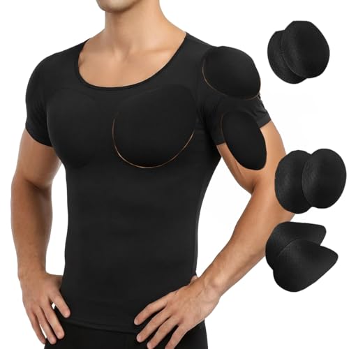 Bslingerie Herren Gepolstertes Kompressions-Muskelshirt mit Fake Brust und Schulter Enhancer, Winter Langarm Shapewear Unterhemd, Schwarz, Größen S-XXL, T-Shirt, S