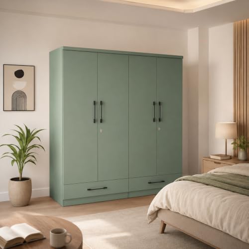 Image of 4 Door Wooden Wardrobe for Bedroom, Green, 78 x 72 x 19 Inch
