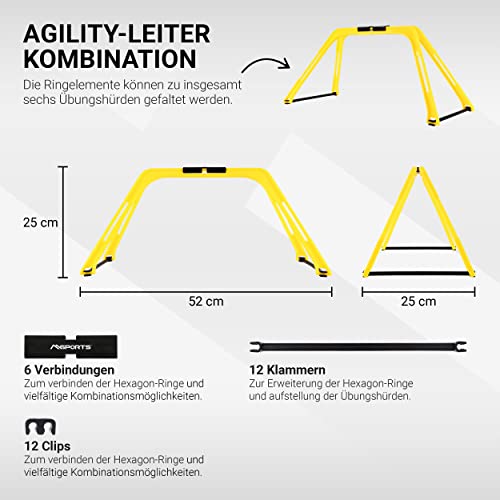 MSPORTS Koordinationsleiter Premium Multifunktional, 6X Hexagon-Elemente als Agility-Leiter u. Hürden kombinierbar Trainingsleiter Fußball Koordinationstraining Leiter