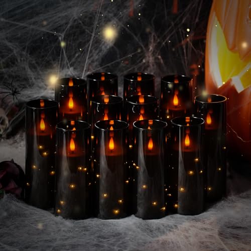 Image of Sasigeiaa Flameless Candles with Embedded Star String - Battery Operated LED Candles, with Remote,12 Black Flickering Candles for Christmas, Weddings, Home Decor & Party,(D 2.3 inchxH 5 inch 6 inch 7 inch)