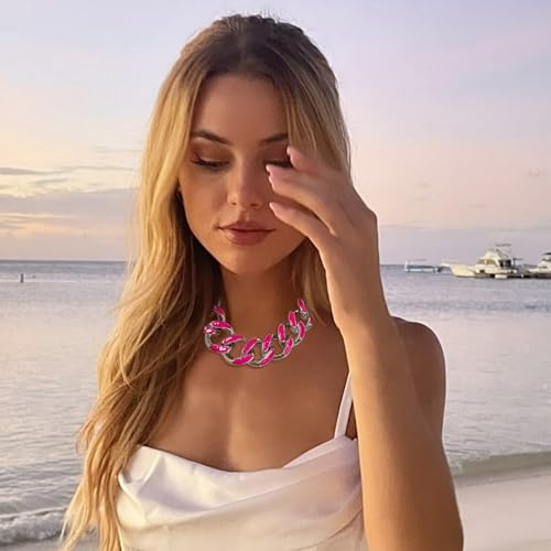 WOWORAMA Acrylic Link Chain Necklace for Women Pink Resin Chunky Statement Necklace Punk Hip Hop Chain Exaggerated Choker Collar Necklace
