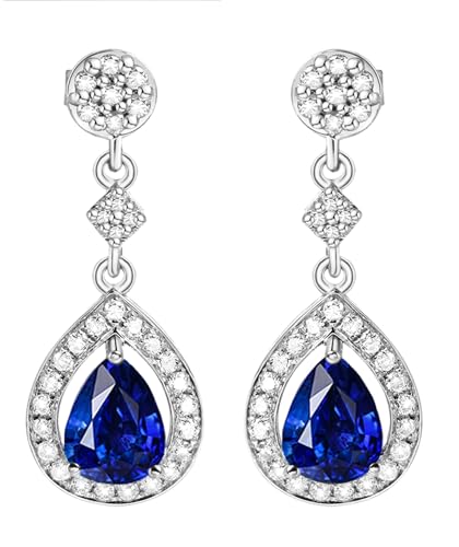 AMDXD Pendientes de oro blanco de 18 quilates 750 de Navidad, joyas auténticas, creados en laboratorio, zafiro, lágrima, pendientes de corte redondo, azul, pendientes para mujer con moissanita, oro de