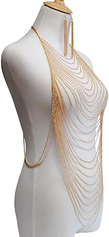 Sexy women's necklace and earrings, featuring a golden abdomen and multi-layer chain decorations. Practical party accessory (including golden earrings and abdominal chains)
