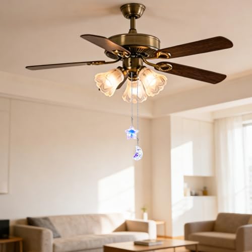 Image of 2 Pack Colorful Glass Moon and Star Ceiling Fan Pull Chain, Crystal Suncatcher Fan Lamp String Pulls Decorative Extension, 14 Inches Ball Chains Extender Ornament with Connector
