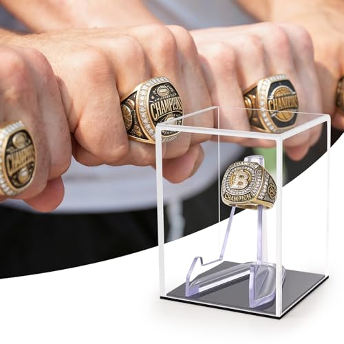 Image of Clear Acrylic Championship Ring Display Case with Black Base, Memorabilia Stand Cube Holder, Dust Protective Transparent Storage Box for Single Rings Souvenir Ring Collections