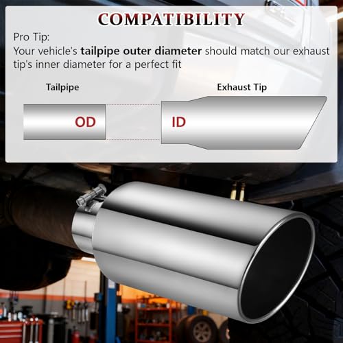 Image of Exhaust Tip 4 inch Inlet 7 inch Outlet 18 inch Long, High Performance Stainless Steel, Rustproof Polished Finish, Rolled Angle Cut, Bolt-On Diesel Tail Pipe, Universal for Car Truck