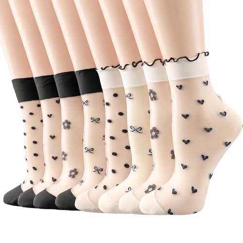 Image of 5 Pack Flower Sheer Socks for Women Ruffle Lace Ankle Socks
