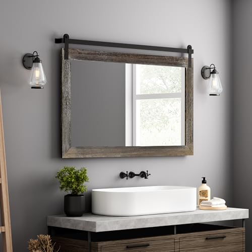 Image of COGOOD Farmhouse Barn Door Mirror - 41 inch x 26 inch Rustic Wood Framed Wall Mirror for Bathroom, Living Room, Entryway Wall Decor (Speckled White)