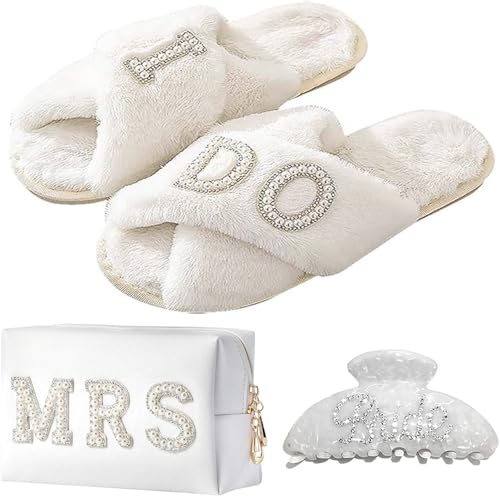 Personalized Initial Bridal Shower Gifts Box Set, Bride Slippers MRS Cosmetic Bag Bride Hair Clip Wedding Gifts for Bride, Bride to be Gifts Bachelorette Gifts
