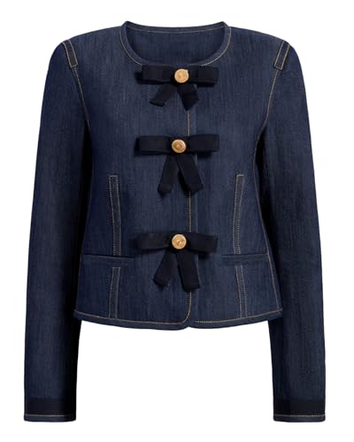 Women's Long Sleeve Cropped Collarless Jean Jacket Button Down Casul Slim Fit Y2k Bow Short Denim Jackets