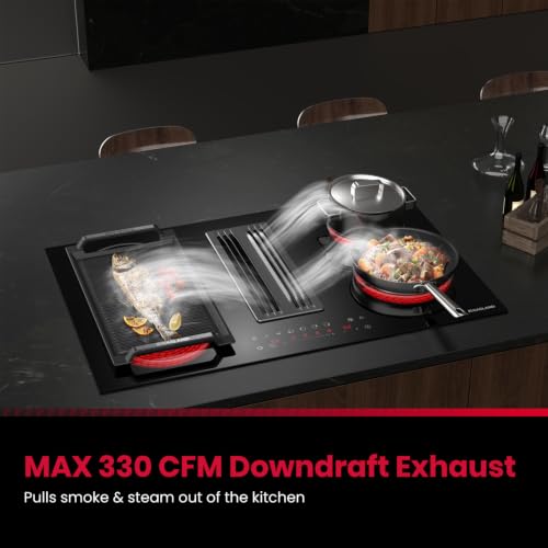 Image of GASLAND 31.5 Inch Electric Cooktop with Downdraft Vent, 3-Speed 330 CFM Ventilation, 4 Burner Electric Stovetop with Sync Bridge Element, Easy-Clean Downdraft System, 220V