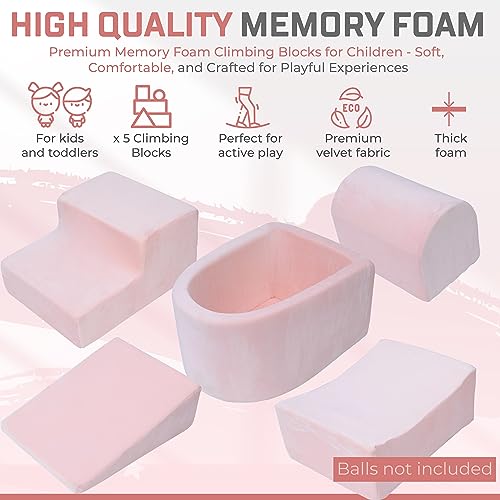 Foam Climbing Blocks for Toddlers & Babies – 5-Piece Soft Playset with High-Density Memory Foam & Velvet Cover – Indoor Climb and Crawl Activity Play Set for Motor Skills Imaginative Active Fun - Pink - Image 3