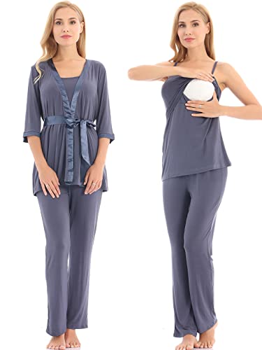 Bearsland Maternity Women's 3 Pieces Soft Nursing Pajamas Set Postpartum Sleepwear For Breastfeeding,Bluegray,M #TOP6
