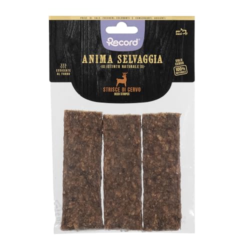 Record - Snack Premium per Cani Anima Selvaggia Gusto Cervo, Made in Italy. Strisce di Carne per cani essiccate al forno. Snack 100% naturali|75g