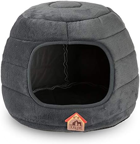 Hollypet Coral Velvet Cat Bed, 16×16×12.5 inches 2 in 1 Foldable Cave, Self-Warming High Elastic Foam Pet Bed for Cats, Dark Gray