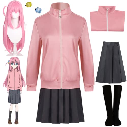 Buyoem Bocchi the Rock Cosplay Costume Gotoh Hitori Cosplay Costume Jacket Dress Pink Coat Skirt Headdress Socks Wig Set (Pink S)