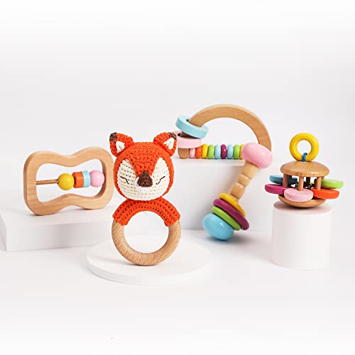 Image of Natural Wooden Toy Classic Wood Rattle Bell Toys in 5pc Gift Box - Perfect Toddlers Boys and Girls Gift
