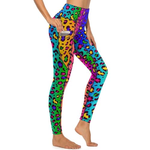 MSOKAZZLES Rainbow Leopard High Waisted Exercise Yoga Pants for Women Running Sports Workout Yoga Leggings with Pockets S