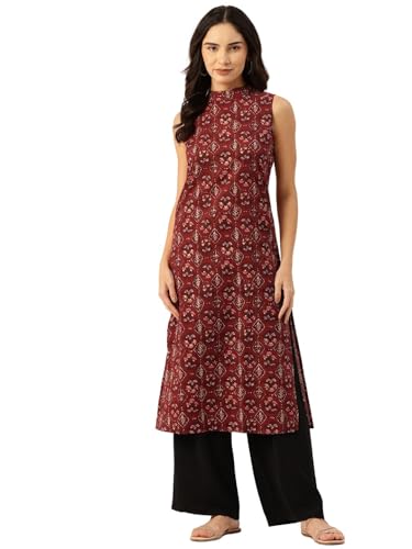 Image of feranoid Unique Printed Choker Neck Back Button Sleeveless Long Kurti