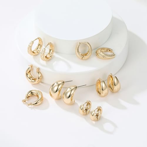 6 Pairs Gold Hoop Earrings for Women, 14K Gold Plated Lightweight Chunky Hoop Earrings Set Hypoallergenic, Thick Open Huggie Hoops Earrings Jewelry for Gifts.4