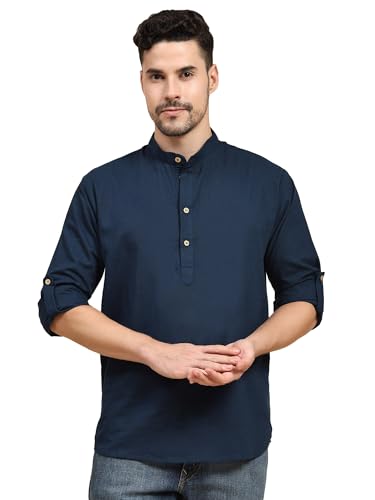 Image of SKAVIJ Men Solid Cotton Long Sleeve Casual Henley Kurta Shirt
