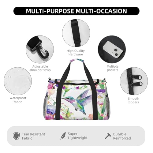 Duffle Bag Spring Hummingbird Iris Floral Travel Duffel Bags for Men Women with Adjustable Strap Carry on Gym Bag Overnight Weekender Bag4