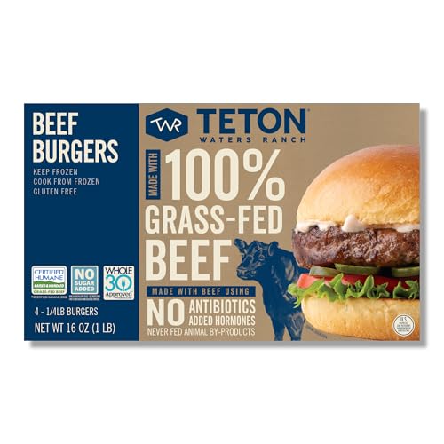 Teton Waters Ranch 100% Grass-Fed Beef Burgers, Frozen Burger Patties, No Sugar, No Antibiotics or Added Hormones, Gluten Free, Certified Humane - 4 Count (1 lb)