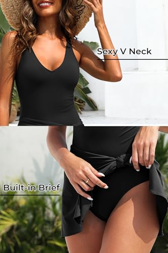 Image of Tempt Me Women One Piece Swim Dress Tummy Control Swimsuit with Skirt | V-neck flattering Cut, Wrap Tie Side, Removable Padded Cups, Adjustable Straps