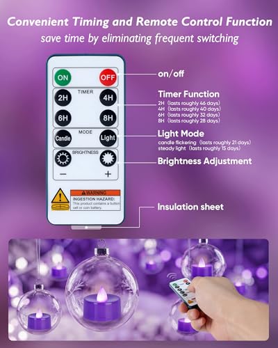 Image of Homemory 12-Pack Purple Remote Flameless Battery Tea Light Candles 400+ Hrs | 2 /4 /6 /8H Timer LED Flickering Tealight Votives for Party Ambience, Halloween Decor, Memorials and Lavender Weddings