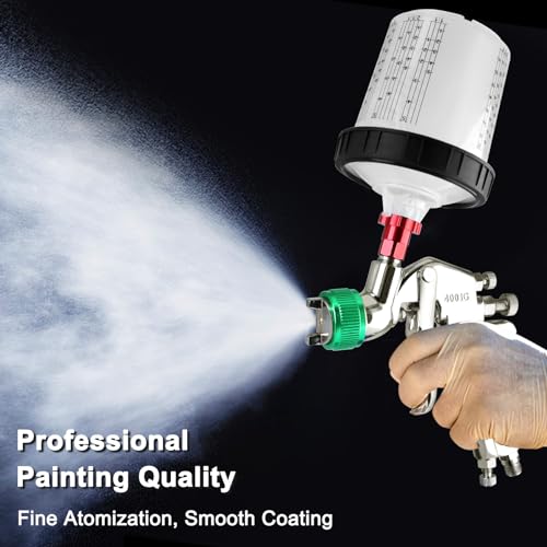 Image of Paint Sprayer,HVLP Spray Paint Gun with 1.7mm Nozzle 600CC Cup,Paint Sprayer Gun Set 10pcs 20Ounce Disposable Mixing Cups & Locking Air Pressure Regulator Gauge for House Painting (1.7mm-Green)
