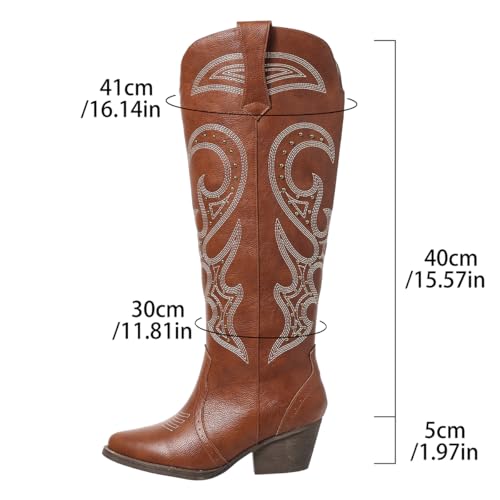 SelRoys Cowboy Boots for Women Cowgirl Knee High Wide Calf with Embroidered Chunky Heel Pull-on Western Tall Boots2