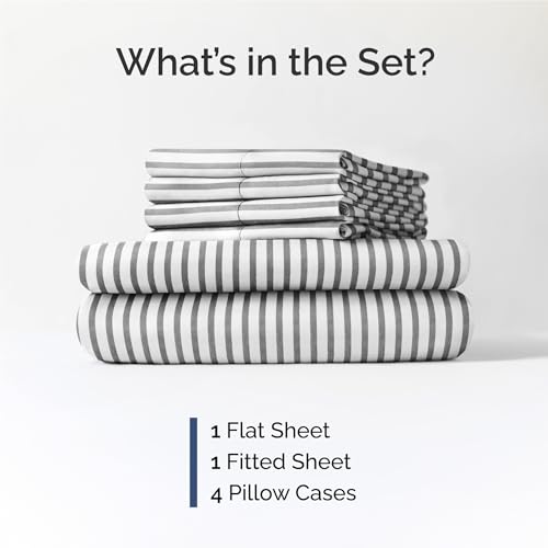 Image of Full 6 Piece Bed Sheet Set - Breathable & Cooling Sheets - Grey Stripes | Ultra-Soft Hotel Luxury Bedding Set with 8-16 Inch Deep Pockets, 1 Flat & 1 Fitted Sheet & 4 Pillowcases, Wrinkle & Fade Free