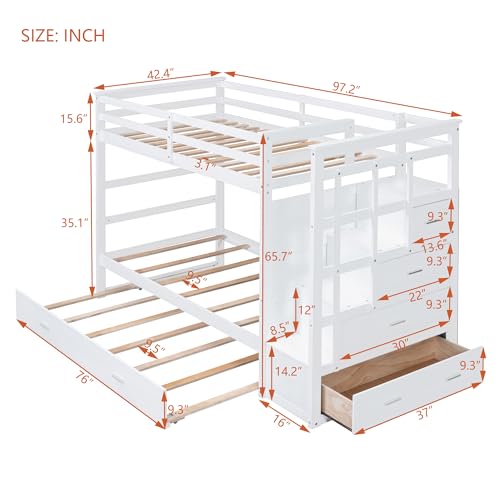 P PURLOVE Twin Over Twin Bunk Bed with Stairs and Trundle, Solid Wood Bunk Beds with Stairway Storage for Teens,Kids,White