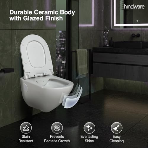 Image of Hindware Italian Collection Elegance Aura Commode for Bathroom | P-225 Trap | Made of Ceramic | 12-year Manufacturer Warranty | Rimless Design | Duroplast /UF Seat Cover | Soft Close | Wall Mount