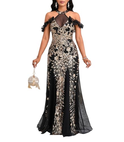 Image of Cololura Women Sexy Sequin Halter Neck Short Sleeve Mesh Perspective Party Bodycon Evening Cocktail Maxi Dress