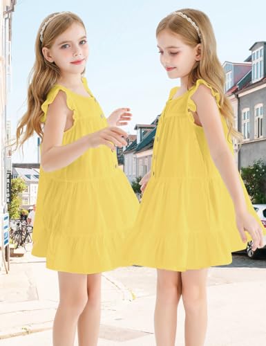 Girls Dresses Button Down Flutter Long Sleeve A-Line Sundress Casual Midi Dresses for 6-14 Years Kids2