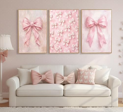 Image of 3Pcs Pink Bow Canvas Wall Art Vintage Trendy Cute Preppy Watercolor Bow Painting Pictures Wall Decor Posters Prints Girly Aesthetic for College Apartment Bedroom Decoration Unframed
