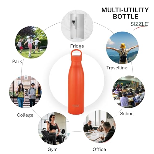 Image of Sizzle Modern Stainless Steel Water Bottle 700 ML Kids & Adults - Lightweight, Single Walled, Leakproof Water Bottle | For School, Office, Gym | Orange (Pack of 1)