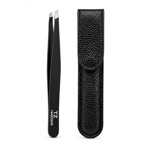 Black Slant Tip Tweezers with Case Precision Stainless Steel Eyebrow Tweezer for Facial Hair Ingrown Hair & Eyelash Extension | Professional Plucker for Men & Women
