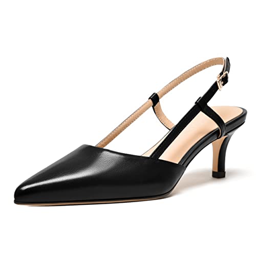 FEMSTEP Womens Slingback Buckle Fashion Matte Leather Pointed Toe Dating Kitten Low Heel Pumps Shoes 2 Inch
