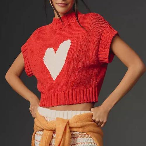 Womens Short Sleeve Sweater Heart Mock Neck Crop Knitted Tops Casual Office Party Sweater2