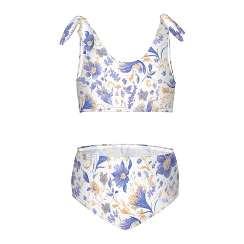 KLL Paisley Watercolor Floral Pattern Tile Flowers Girl Two Piecing Bikini Set Scoop Neck Bathing Suit Swimming Suits Cute