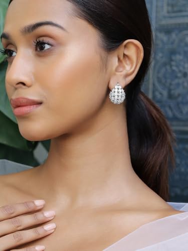 Image of Rubans Rhodium-Plated Cubic Zirconia Cluster Design Statement Hoop Earrings