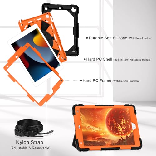 Image of Auizotl Case for iPad 9th /8th /7th Generation 10.2 Inch iPad Case 9th Generation with Screen Protector /Rotate Stand /Pen Holder, Shockproof Cover i Pad 9th /8th /7th Gen Cases,Black Orange